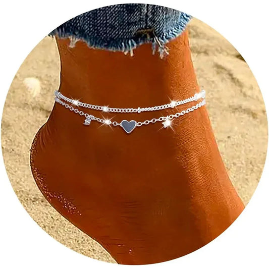 925 Sliver Plated CZ Anklet Bracelets Waterproof Heart Charm Dainty Layer Chain Anklets moonwak